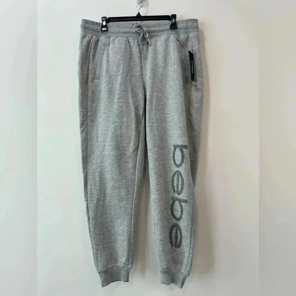 Bebe Sport Heather Grey Rhinestone Graphic Drawstring Sweatpants XL NWT - Picture 1 of 13